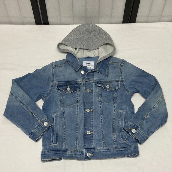 Old Navy Hooded Denim Trucker Jacket L Faded Medium Blue Jean Button-Up Kids L - Picture 7 of 11